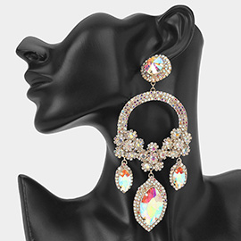 Oversized Rhinestone Paved Triple Flower Marquise Glass Stone Cluster Link Drop Chandelier Evening Earrings