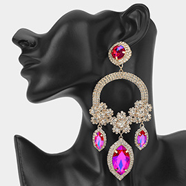 Oversized Rhinestone Paved Triple Flower Marquise Glass Stone Cluster Link Drop Chandelier Evening Earrings