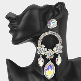 Oversized Rhinestone Paved Triple Flower Marquise Glass Stone Cluster Link Drop Chandelier Evening Earrings