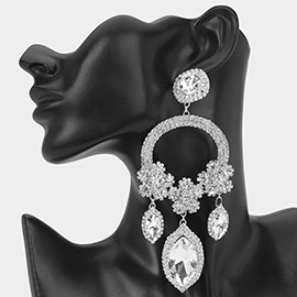 Oversized Rhinestone Paved Triple Flower Marquise Glass Stone Cluster Link Drop Chandelier Evening Earrings