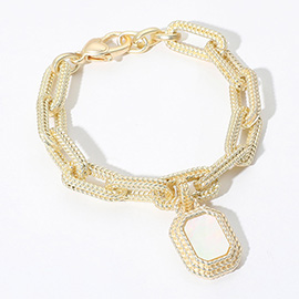 14K Gold Plated Rectangular Mother of Pearl Cluster Charm Chunky Brushed Chain Bracelet