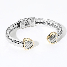 Two Tone Textured Metal Heart Tip Hinged Bangle Bracelet