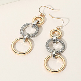 Metal Two Tone Stone Paved Triple Ring Link Drop Earrings