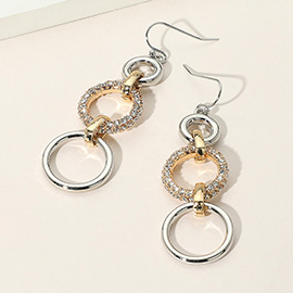 Metal Two Tone Stone Paved Triple Ring Link Drop Earrings