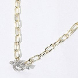 14K Gold Plated CZ Stone Paved Toggle Paperclip Chain Necklace