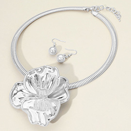 Brushed Metal Flower Pendant Statement Necklace
