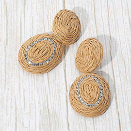Rhinestone Accent Raffia Wrapped Oval Dangle Earrings