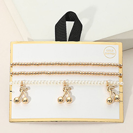 3PCS - Gold Dipped Cherry Charm Metal Ball Pearl Beaded Stretch Multi Layered Bracelets