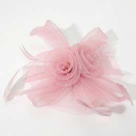 Flower Feather Pearl Mesh Bow Fascinator / Headband