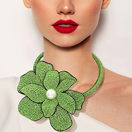 Pearl Centered Bling Studded Oversized Flower Pointed Necklace