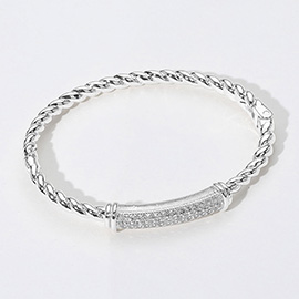 Stainless Steel CZ Stone Paved Bar Accent Hinged Bangle Bracelet