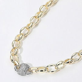 14K Gold Plated Two Tone CZ Stone Paved Mariner Link Accent Chunky Chain Necklace