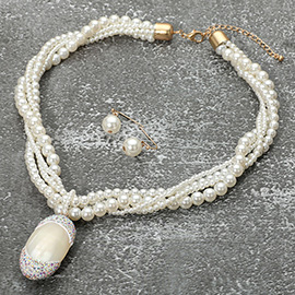 Bold Stone Embellished Oval Pearl Pendant Accent Beaded Twisted Necklace