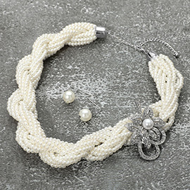 Stone Paved Flower Side Pendant Accent Pearl Beaded Multi Layered Twisted Necklace