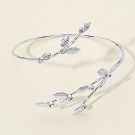 Stone Accent Textured Metal Leaf Branch Wrap Wire Arm Cuff Bracelet