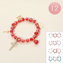12PCS - Cross Heart Love Charm Faceted Beaded Stretch Bracelets