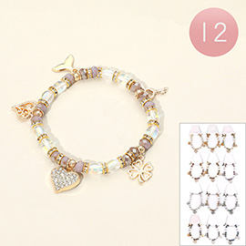 12PCS - Heart Clover Whale Tale Heart Key Charm Pearl Faceted Beaded Stretch Bracelets