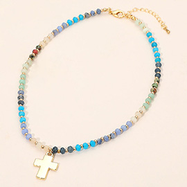 Cross Pendant Faceted Beaded Choker Necklace