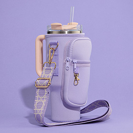 Solid Tumbler Carrier Holder Geometric Pattern Strap Crossbody Bag