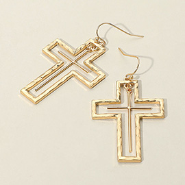 Hammered Metal Wire Cross Dangle Earrings