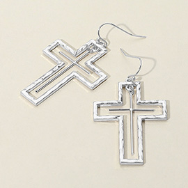 Hammered Metal Wire Cross Dangle Earrings