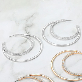 Stone Paved Crescent Hoop Earrings