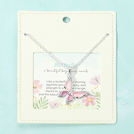 Sea Glass Stone Paved Butterfly Message Pendant Necklace