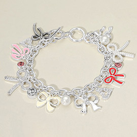Enamel Bow Pearl Stone Paved Heart Stone Bezel Charm Embellished Toggle Bracelet