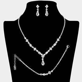 Teardrop Stone Cluster Accent Oval Square Stone Cluster Rhinestone Paved Jewelry Set