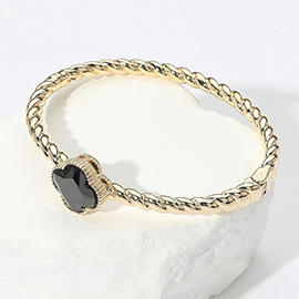CZ Quatrefoil Stone Accented Twisted Hinged Bangle Bracelet