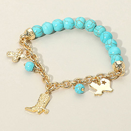 SECRET BOX_Western Boot Cross Texas Map Charm Station Turquoise Stone Beaded Stretch Bracelet