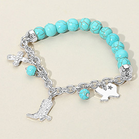 SECRET BOX_Western Boot Cross Texas Map Charm Station Turquoise Stone Beaded Stretch Bracelet