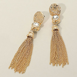 Stone Accented Textured Metal Disc Tassel Earrings