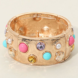 Gemstone Studded Wide Bangle Statement Stretch Bracelet