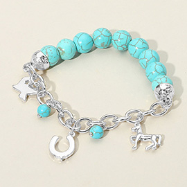 SECRET BOX_Western Horse Horseshoe Texas Map Charm Station Turquoise Stone Beaded Stretch Bracelet