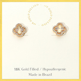 18K Gold Filled Stone Paved Rim Quatrefoil Stud Earrings