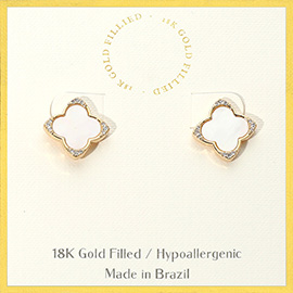 18K Gold Filed Stone Paved Tip Mother of Pearl Quatrefoil Stud Earrings