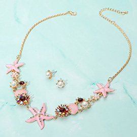 Pearl Embellished Enamel Starfish Seashell Link Necklace