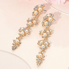 Floral Pearl Rhinestone Cluster Drop Earrings