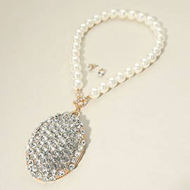 Oversized Crystal Rhinestone Paved Oval Pendant Chunky Pearl Necklace