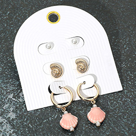 3Pairs - Pearl Metal Swirl Shell Stud Ceramic Shell Dangle Earring Set