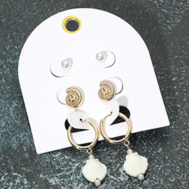 3Pairs - Pearl Metal Swirl Shell Stud Ceramic Shell Dangle Earring Set