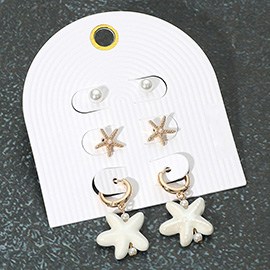 3Pairs - Pearl Metal Starfish Stud Ceramic Dangle Earring Set
