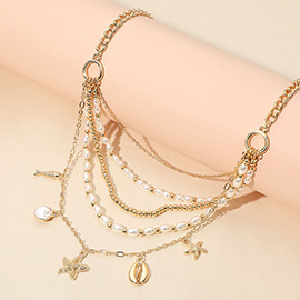 Starfish Shell Charm Beaded Pearl Metal Ball Beaded Multi Layered Necklace