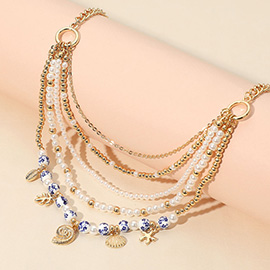 Metal Swirl Conch Shell Starfish Charm Floral Ceramic Ball Pearl Beaded Multi Layered Necklace