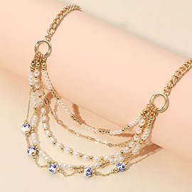 Floral Ceramic Ball Pearl Beaded Multi Layered Necklace