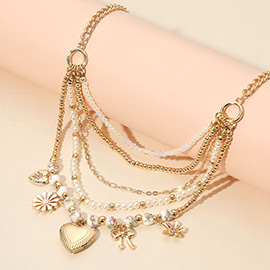 Heart Locket Bow Flower Charm Accent Floral Ceramic Ball Pearl Beaded Multi Layered Necklace