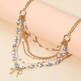 Metal Bow Pendant Floral Ceramic Ball Pearl Beaded Multi Layered Necklace
