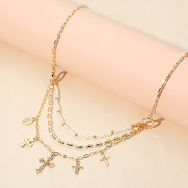 Cross Charm Metal Pearl Beaded Multi Layered Necklace