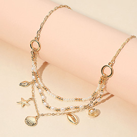 Metal Conch Sea Shell Starfish Charm Pearl Beaded Multi Layered Necklace